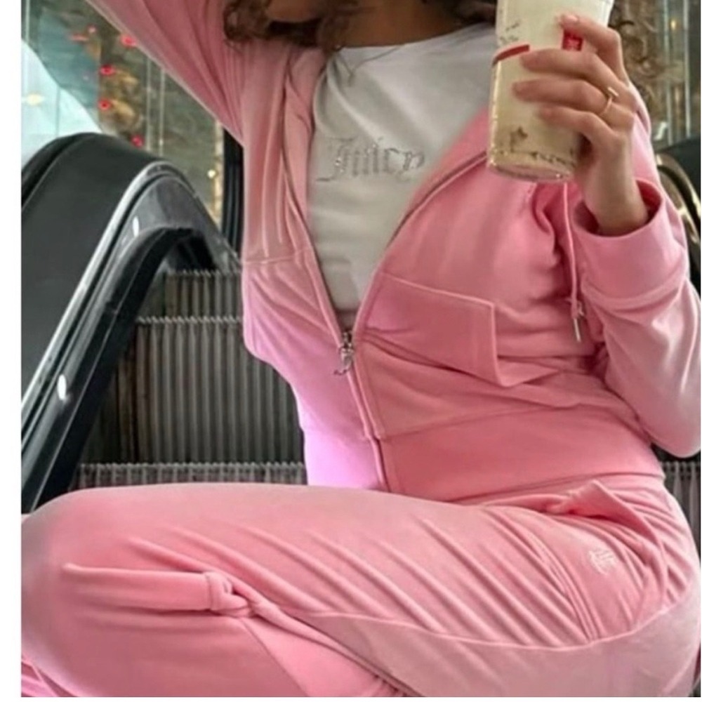 Juicy Couture Pink rose Velour Tracksuit Set Rhinestone Logo Hoodie Pants XL NEW - Picture 8 of 13
